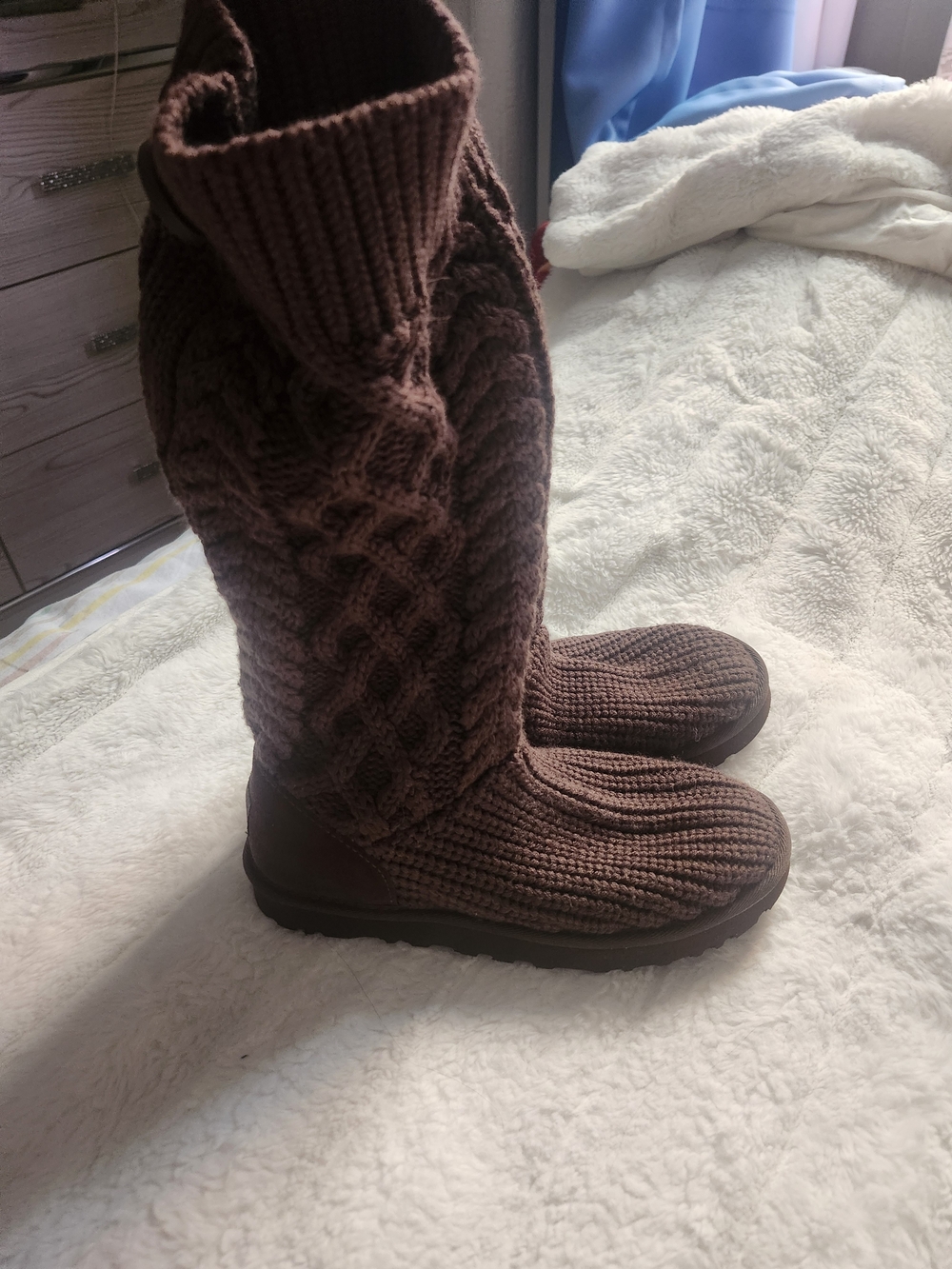 Knit Cable-Pattern Brown Women's Knee Boot